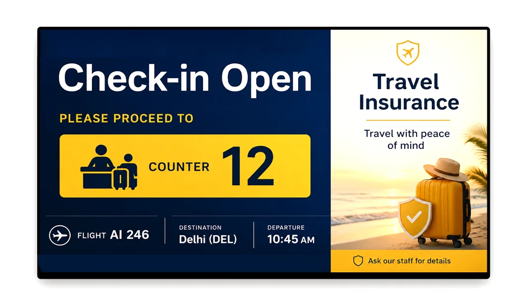 Airport check-in counter display showing desk assignments and queue status